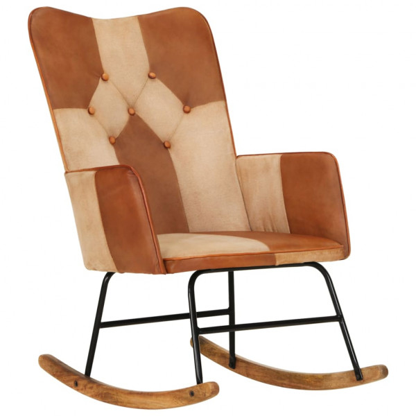 Cadeira de balanço em couro genuíno e lona marrom D