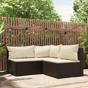 Set muebles de jardín 3 piezas y cojines ratán sintético marrón D