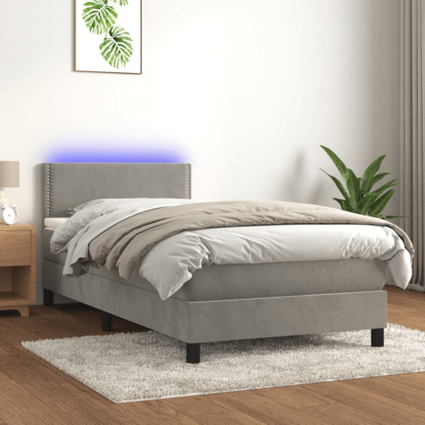 Cama box spring com colchão e veludo LED cinza claro 100x200 cm D