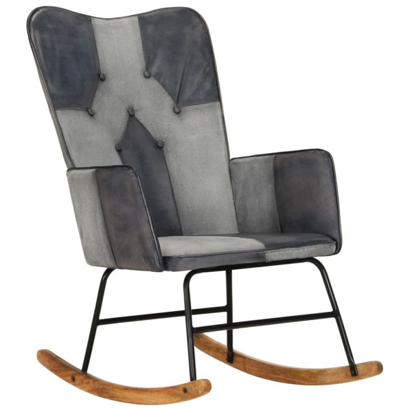 Cadeira de balanço em couro genuíno e lona cinza D