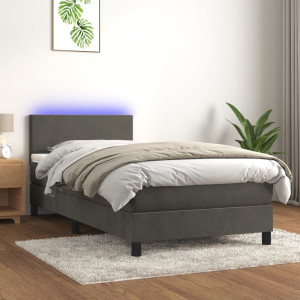 Cama box spring colchón y LED terciopelo gris oscuro 90x190 cm D