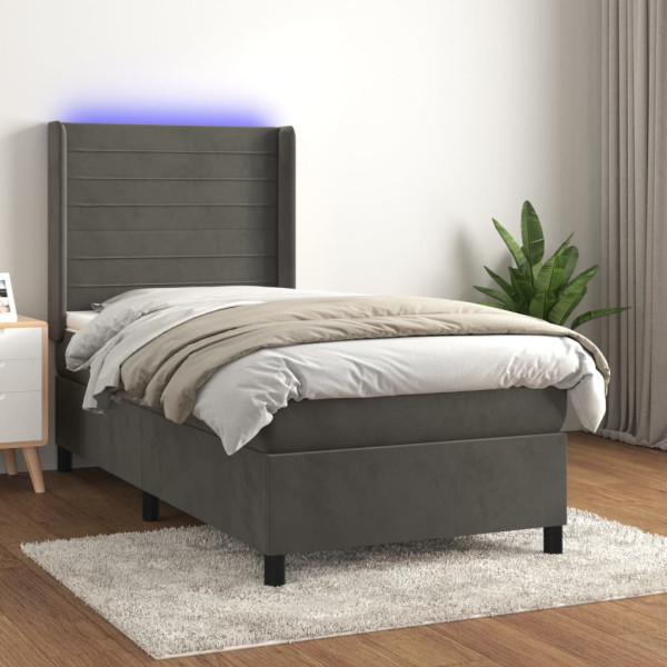 Cama box spring colchão e LED veludo cinza escuro 90x190 cm D
