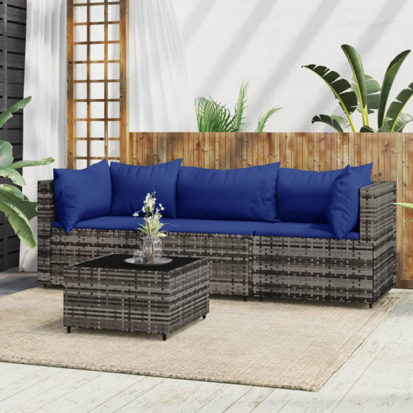 Set de muebles de jardín 4 pzas y cojines ratán sintético gris D