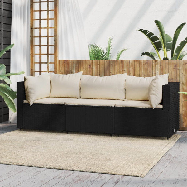 Set de muebles de jardín 3 pzas y cojines ratán sintético negro D