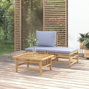 Set de muebles de jardín 3 piezas bambú y cojines gris claro D