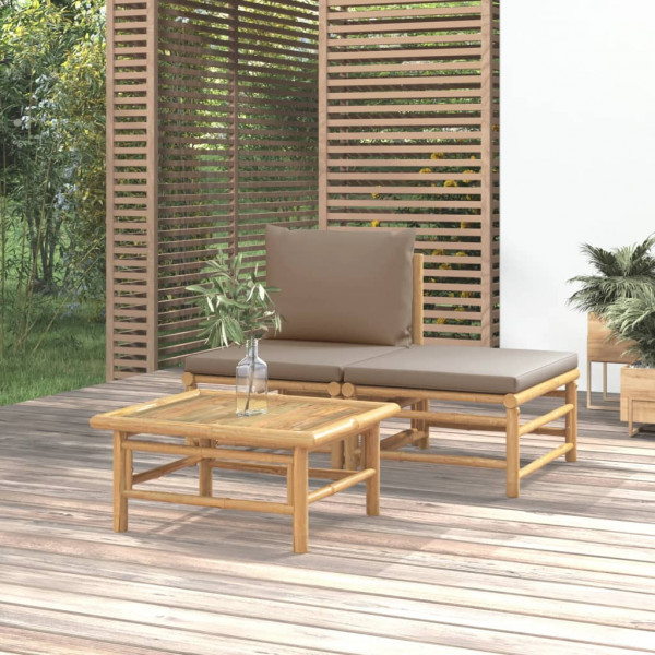 Set de muebles de jardín 3 piezas bambú y cojines gris taupe D