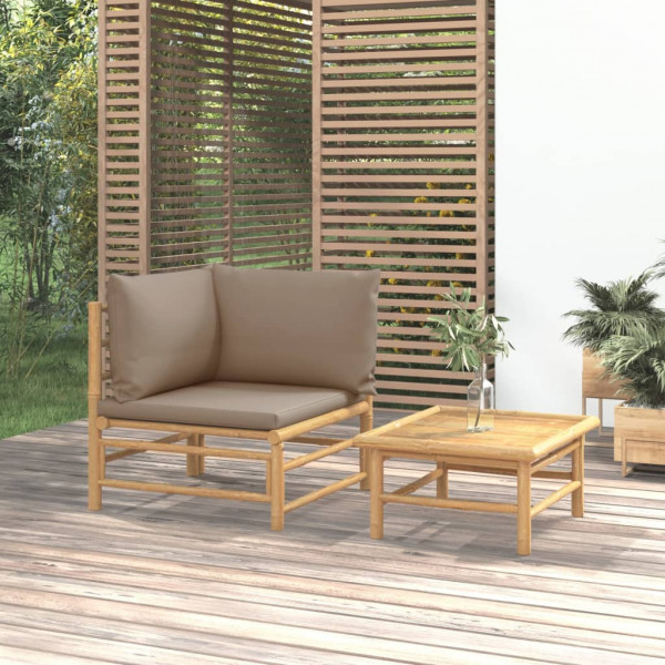 Conjunto de mobília de jardim 2 peças de bambu e almofadas cinza taupe D