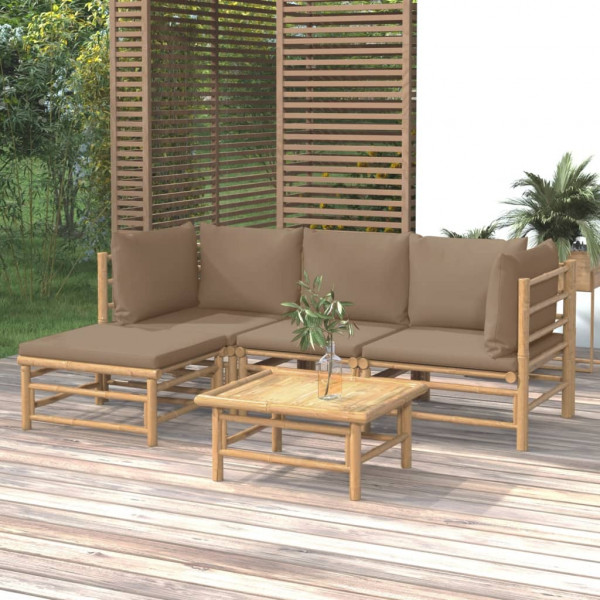 Conjunto de mobília de jardim 5 peças de bambu e almofadas cinza taupé D