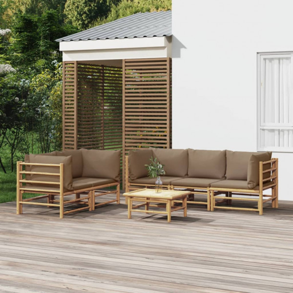 Conjunto de móveis de jardim 6 peças de bambu com almofadas cinza taupé D
