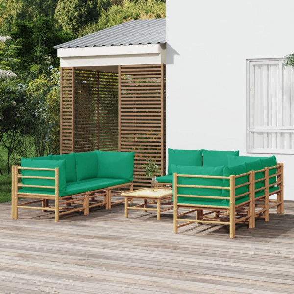 Set de muebles de jardín 9 piezas bambú con cojines verde D