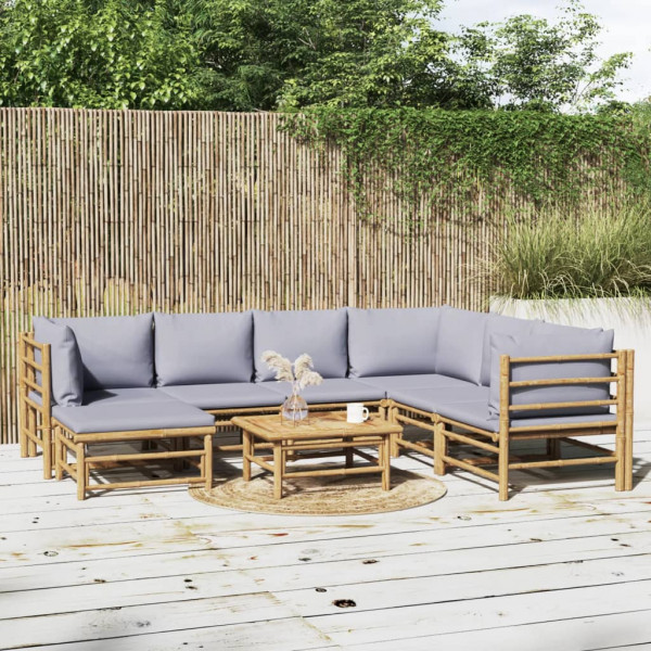 Conjunto de mobiliário de jardim 8 peças de bambu e almofadas cinza claro D