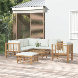 Set de muebles de jardín 8 piezas bambú y cojines blanco crema D