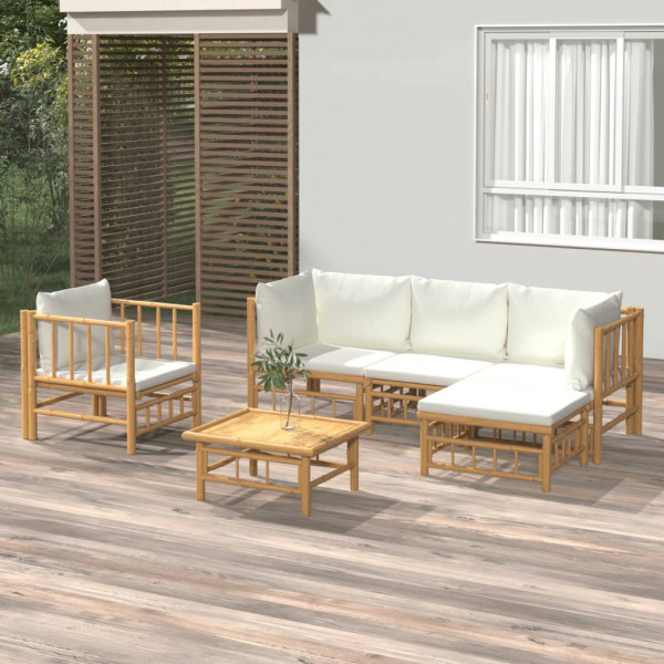 Set de muebles de jardín 6 piezas bambú y cojines blanco crema D