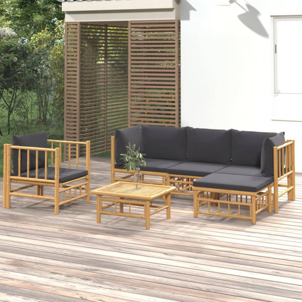 Conjunto de mobiliário de jardim 6 peças de bambu com almofadas cinza escuro D