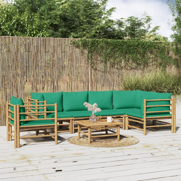 Set de mobília de jardim 7 peças de bambu com almofadas verdes D