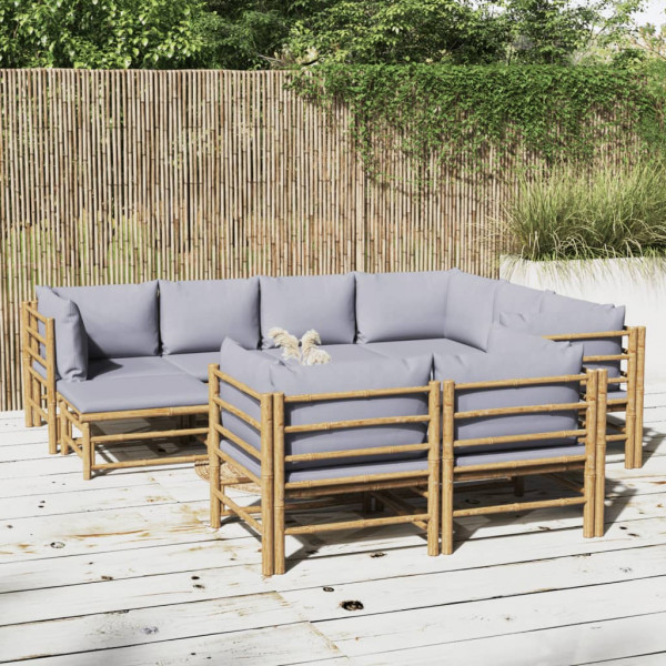 Set de muebles de jardín 10 piezas bambú y cojines gris claro Set de muebles de jardín 10 piezas bambú y cojines gris claro D