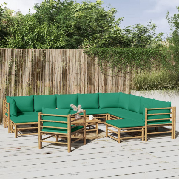 Conjunto de móveis de jardim de bambu de 12 peças com almofadas verdes D