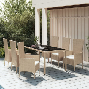 Set comedor de jardín 7 pzas con cojines ratán sintético beige D