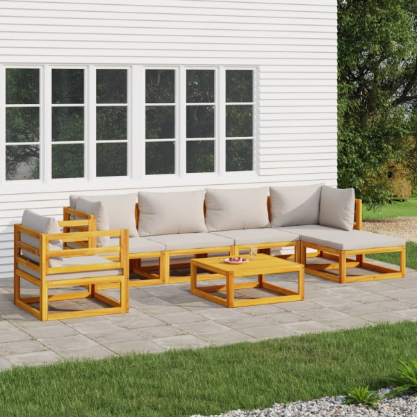 Set mobília de jardim 7 pzas madeira maciça e almofadas cinza claro D