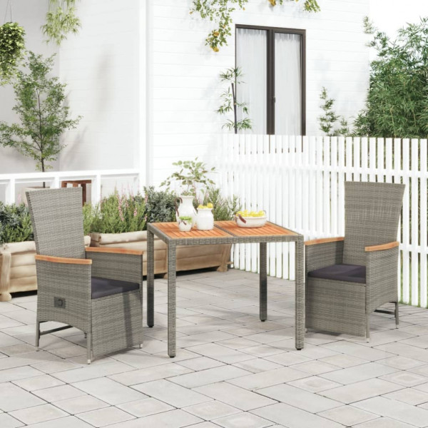 Set comedor de jardín 3 piezas con cojines ratán sintético gris D