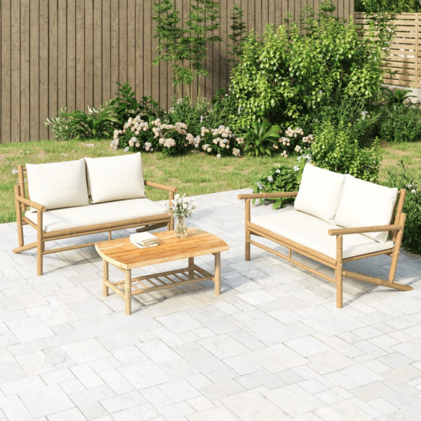 Set de muebles de jardín 2 piezas bambú y cojines blanco crema D