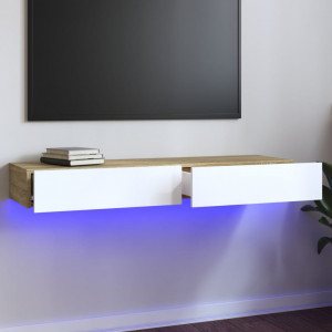 Mueble de TV con luces LED blanco y roble Sonoma 120x35x15.5 cm D