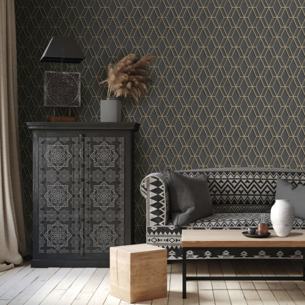 DUTCH WALLCOVERINGS Papel de parede hexagonal preto e dourado D