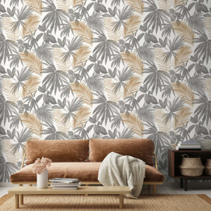DUTCH WALLCOVERINGS Papel de pared palmetas salvajes gris y beige D