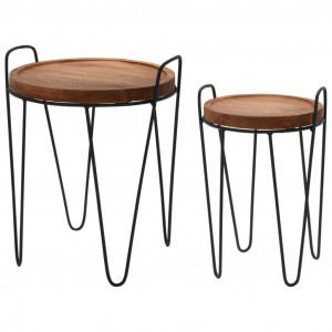 H&S Collection Jogo de mesas auxiliares 2 peças redondas madeira de teca D
