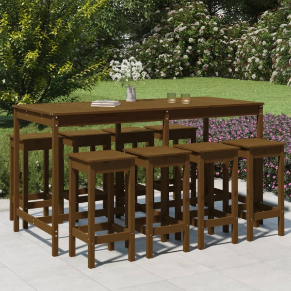 Mesa de jardim e bancos altos 9 peças em madeira de pinho castanho mel D
