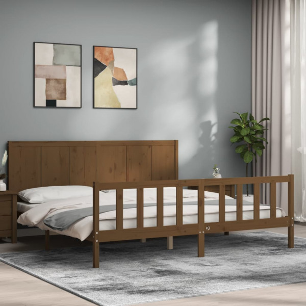 Estrutura cama e cabeçalho madeira maciça marrom mel 200x200 cm D