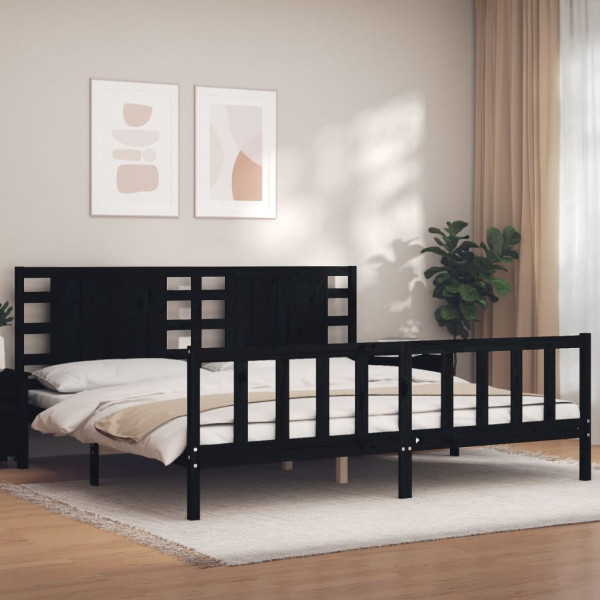 Estrutura de cama com cabeçalho de madeira maciça preta 200x200 cm D