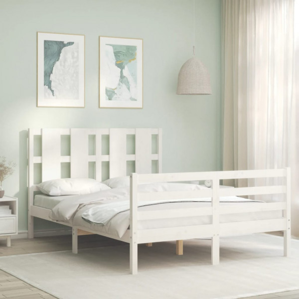 Estrutura de cama de casal com cabeceira de madeira maciça branca D
