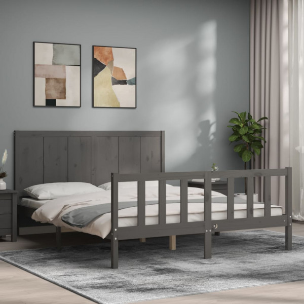 Estructura de cama matrimonio con cabecero madera maciza gris D