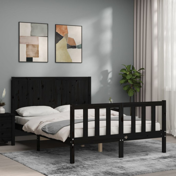 Estrutura de cama com cabeçalho de madeira maciça preta 140x190 cm D