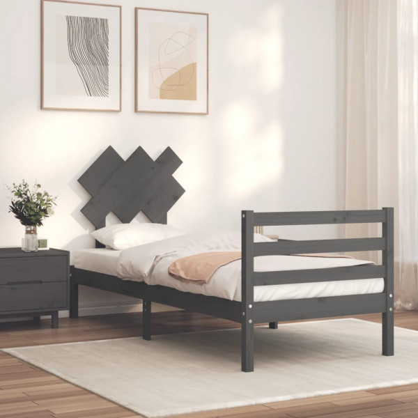 Estrutura de cama com cabeçalho de madeira maciça cinza 90x200 cm D