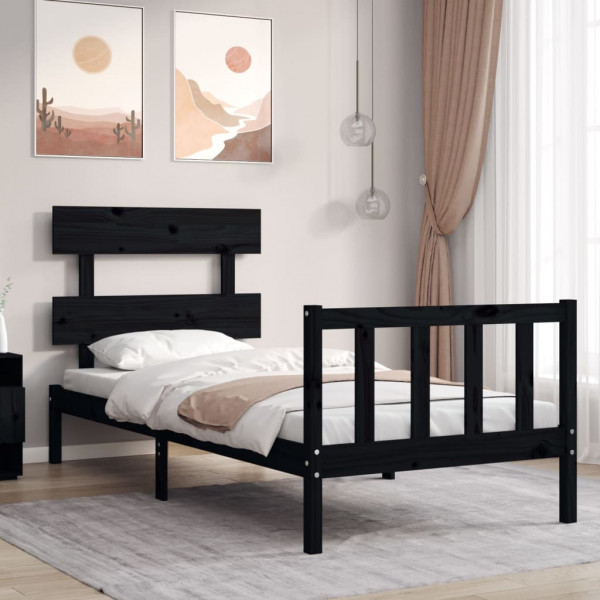 Estrutura de cama em madeira maciça preta com cabeceira D