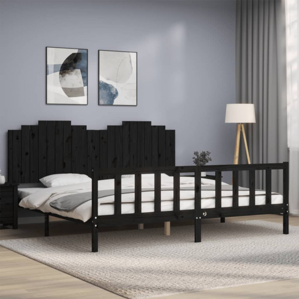Estrutura de cama com cabeçalho de madeira maciça preta 200x200 cm D