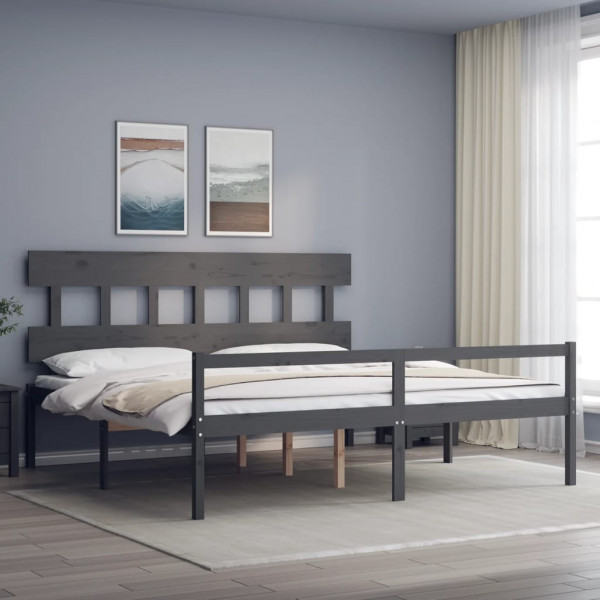 Estrutura cama de casal com cabeçalho de madeira maciça cinza D