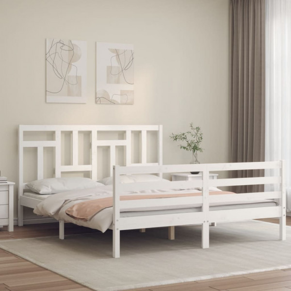 Estrutura de cama com cabeceira de madeira maciça branca 160x200 cm D