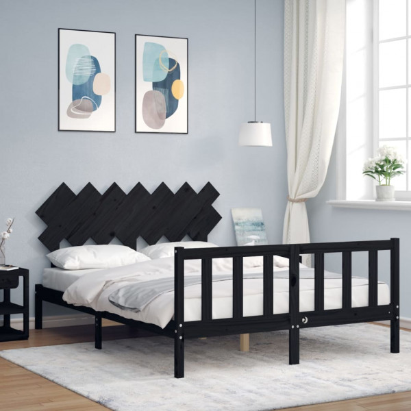 Estrutura de cama com cabeçalho de madeira maciça preta 140x190 cm D