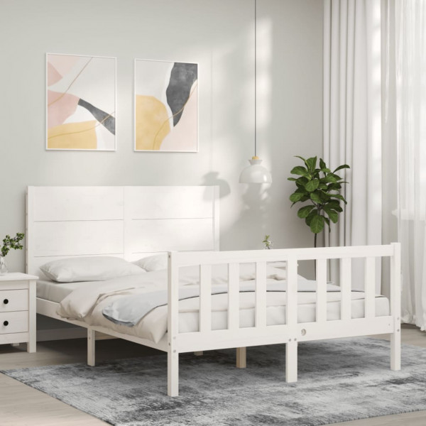 Estrutura de cama com cabeceira de madeira maciça branca 140x200 cm D