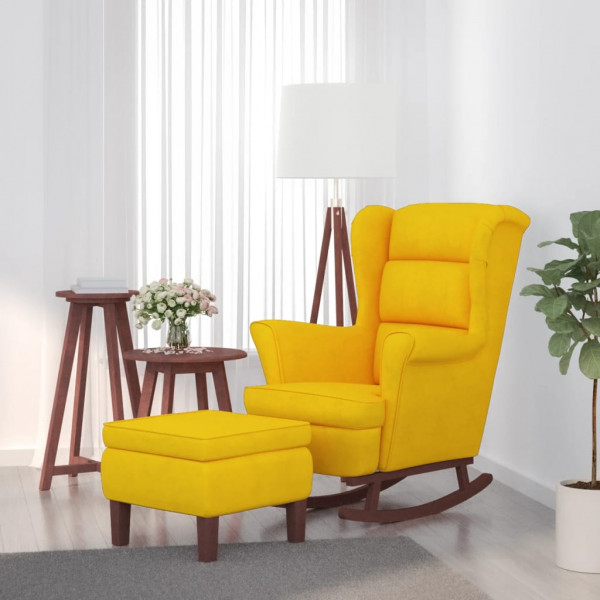 Sillón mecedora patas madera y taburete terciopelo amarillo D