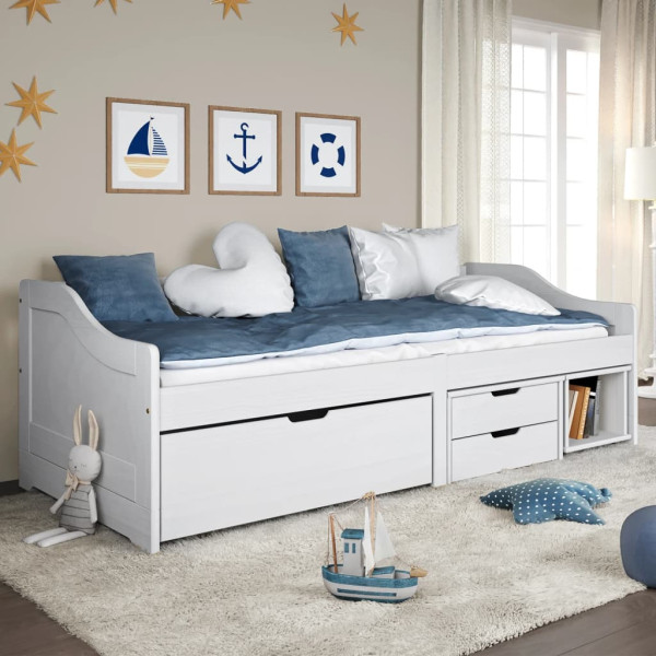 Sofá cama com 3 gavetas madeira maciça de pinho branco IRUN 90x200cm D