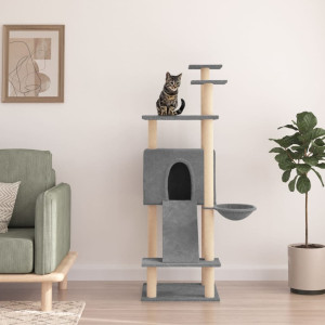 Rascador para gatos con postes de sisal gris claro 153 cm D