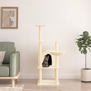 Rascador para gatos con postes de sisal color crema 132 cm D