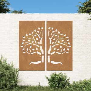 Adorno pared jardín 2 uds acero corten diseño árbol 105x55 cm D