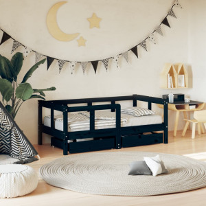 Estructura de cama niños con cajones madera pino negro 70x140cm D