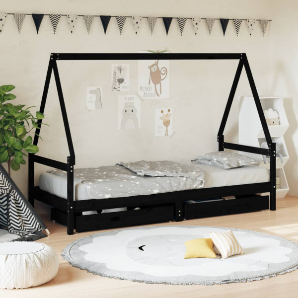 Estructura de cama niños con cajones madera pino negro 90x200cm D