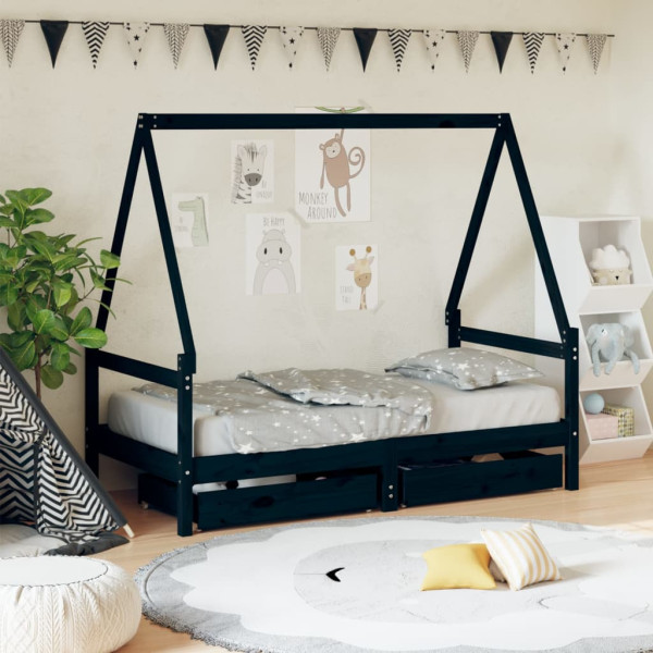 Estructura cama infantil y cajones madera pino negro 80x160 cm D